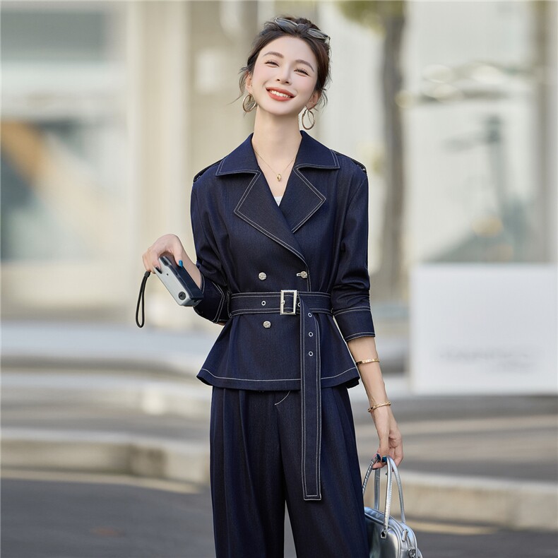 （新款现货）2026春装时尚双排扣肩章天丝牛仔阔腿裤套装(配腰带,女装套装/套裙,印象茜
