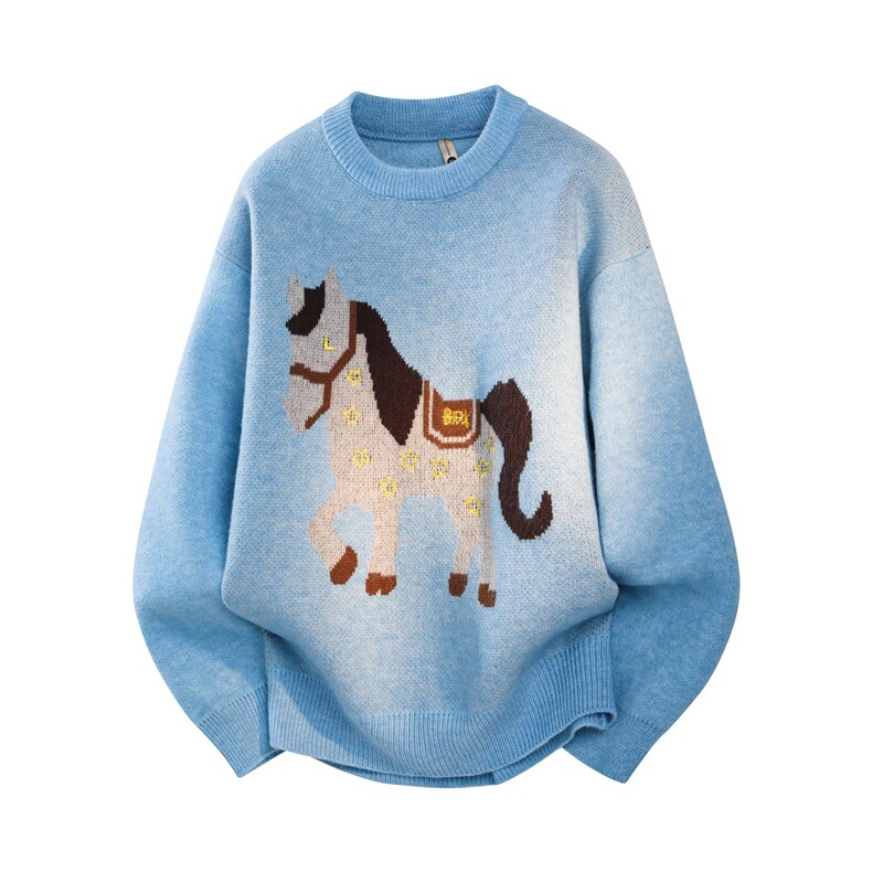 1816-P68圆领针织韩版新年红小马提花高级感保暖跨年情侣装毛衣，男装针织衫/毛衣，电商D310B