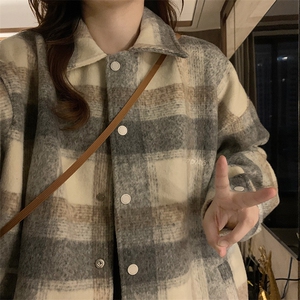 A524-P78大格子毛呢外套宽松翻领夹克男女宽松春秋季上衣,毛呢大衣搭配靴子女图片