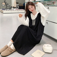 韩系风格穿搭黑色连衣裙女春秋2025年新款炸街小众设计感连帽裙子，女装连衣裙，2C272