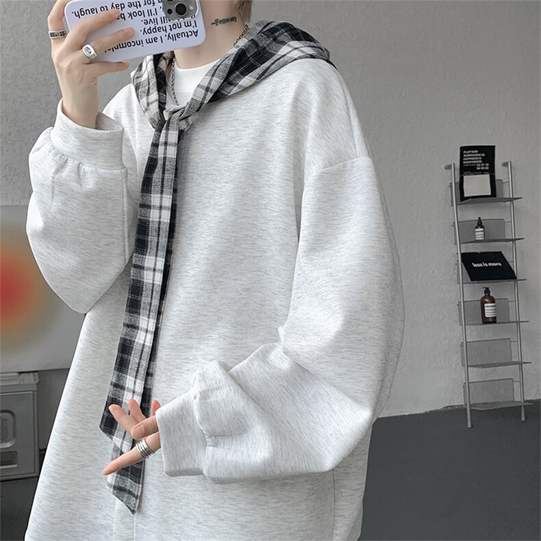 WY10143-特p49 控88 设计感高质感大帽子连帽格子撞色大码卫衣男图片
