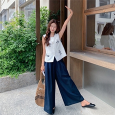 休闲宽松短袖衬衫高腰阔腿裤套装女2025夏季新款韩版高级感两件套，女装套装/套裙，2C299