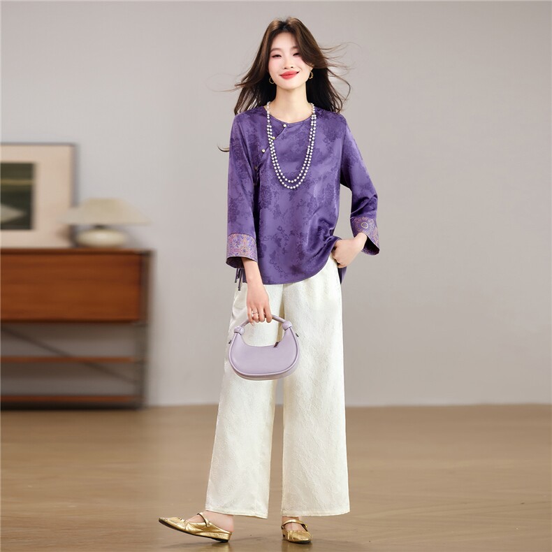 现货！春季新款新中式洋气套装百搭款圆领上衣+裤子两件套装女，女装套装/套裙，宝儿家