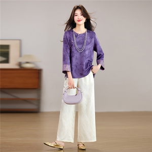 现货！春季新款新中式洋气套装百搭款圆领上衣+裤子两件套装女，女装套装/套裙，宝儿家