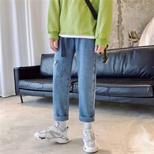 港风春夏款男牛仔裤多口袋贴标印花直筒宽松九分牛仔裤N，男装牛仔裤，星座1013-1