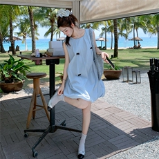 法式蓝色无袖背心花苞连衣裙女夏2025新款小个子裙子多巴胺超好看，女装连衣裙，2C050