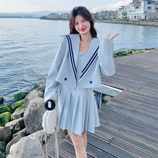 海军领短外套吊带连衣裙两件套女2025春季新款学院风小个子百褶裙，女装套装/套裙，2C110