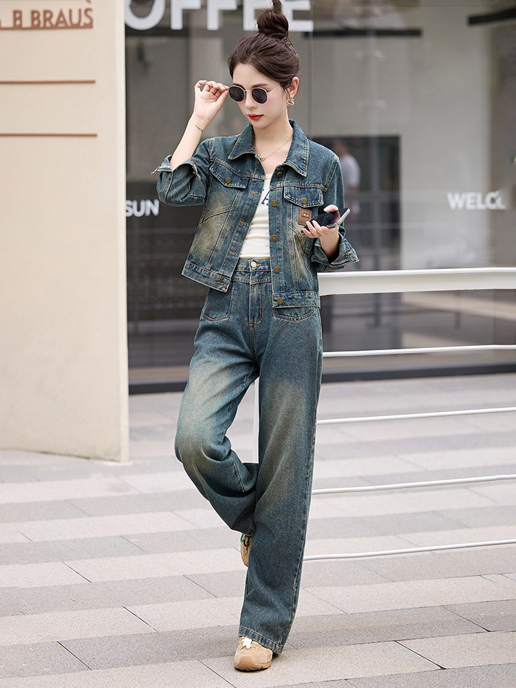 牛仔套装女春装2025新款超火开春穿搭小个子阔腿裤两件套洋气时尚,女装套装/套裙,琦鑫阁（原依鑫阁）