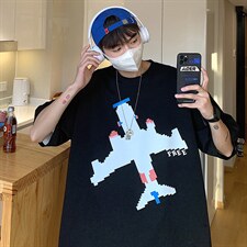 2024新款港风大码情侣装男士T恤宽松飞机印花上衣A071-5521-P28，男装T恤，电商A071