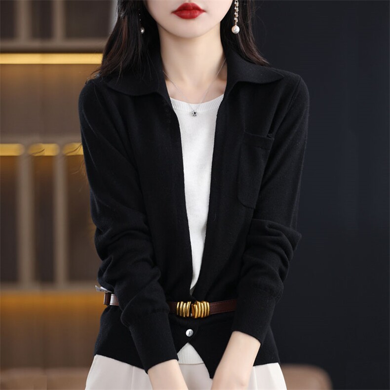 春秋新款精纺羊毛针织开衫外套女POLO领假两件宽松毛衣长袖打底衫,针织衫/毛衣,暖烁羊绒