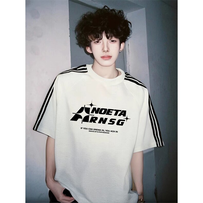 抖音得物品质二开240克宽松纯棉美式潮牌印花三条杠中性风短袖T恤，男装T恤，电商A486