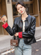 新中式盘扣皮衣外套女2025秋季新款超好看皮夹克PU拼接外套，女装皮衣，韩美纤衣
