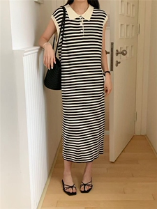 夏季新款潮牌港味复古修身显瘦女士条纹连衣裙图片