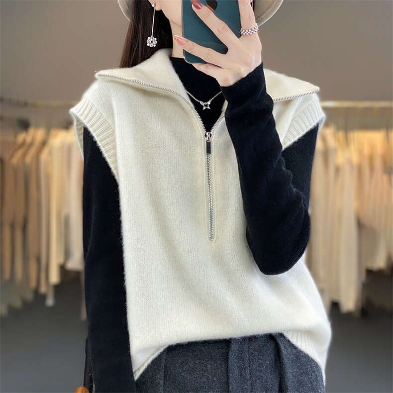 复古纯羊毛马甲无袖针织衫马甲上衣女秋冬半拉链叠穿套头背心外穿,女装马甲,暖烁羊绒