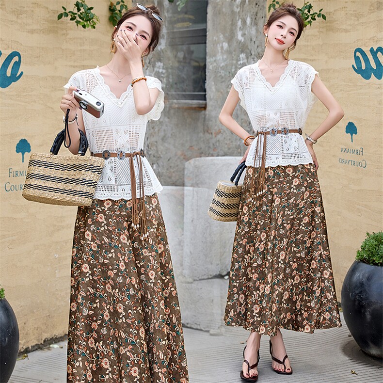 休闲度假风套装裙女夏新款气质镂空钩花无袖上衣碎花半身裙两件套，女装套装/套裙，恋慕依尚