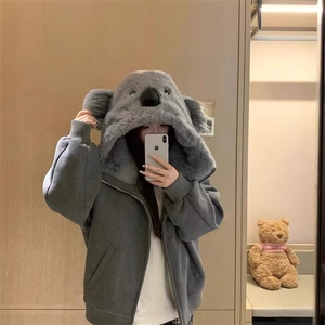 毛绒绒刺绣考拉连帽拉链加厚棉衣外套女秋冬新款童趣减龄宽松开衫图片