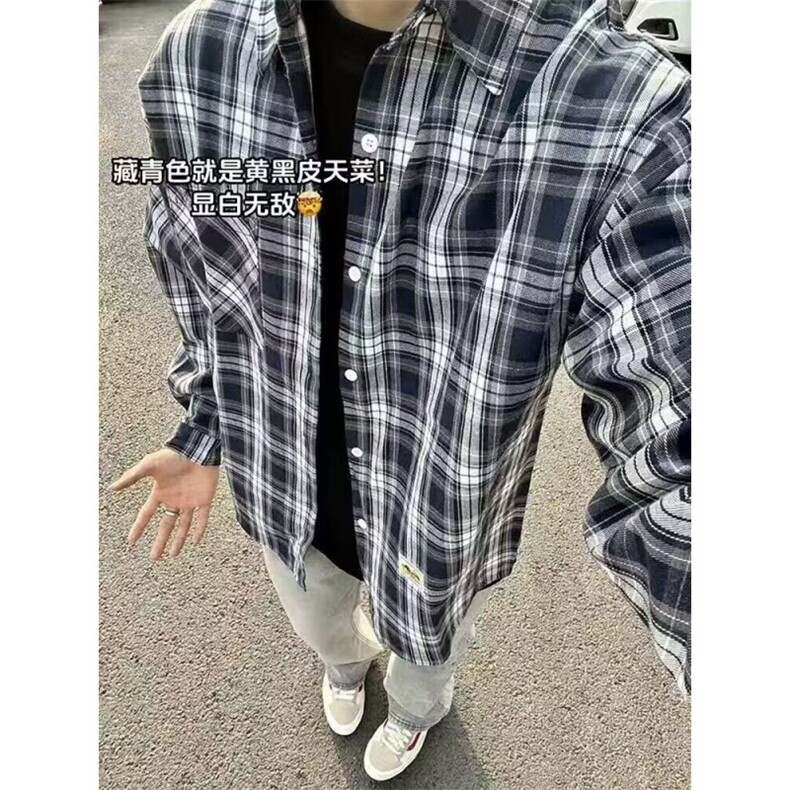 美式复古格子衬衫男潮牌vibe高街长袖衬衣少年感潮流百搭外套春秋,男装衬衫,星座506A