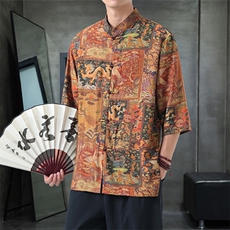 男士衬衫五分袖衬衣中袖印花立领唐装风XZ1512-2605-P45，男装T恤，星座1512