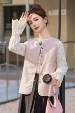 新中式国风马甲蕾丝衬衫两件套女2025春新款盘扣外搭叠穿马夹上衣，女装套装/套裙，英标秀（1C119）