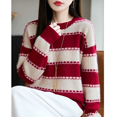 条纹100纯羊毛毛衣女2025新宽松外穿慵懒风加厚针织打底内搭上衣，女装羊毛衫，昭美羊绒
