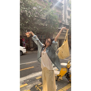 有货DC10-特批35蓝色格子polo领长袖防晒衬衫女夏季薄图片