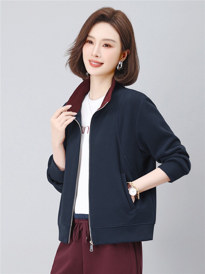 长期有货时尚拼色立领开衫卫衣短款外套女2026春秋休闲运动服上衣,女装短外套,璐依舞