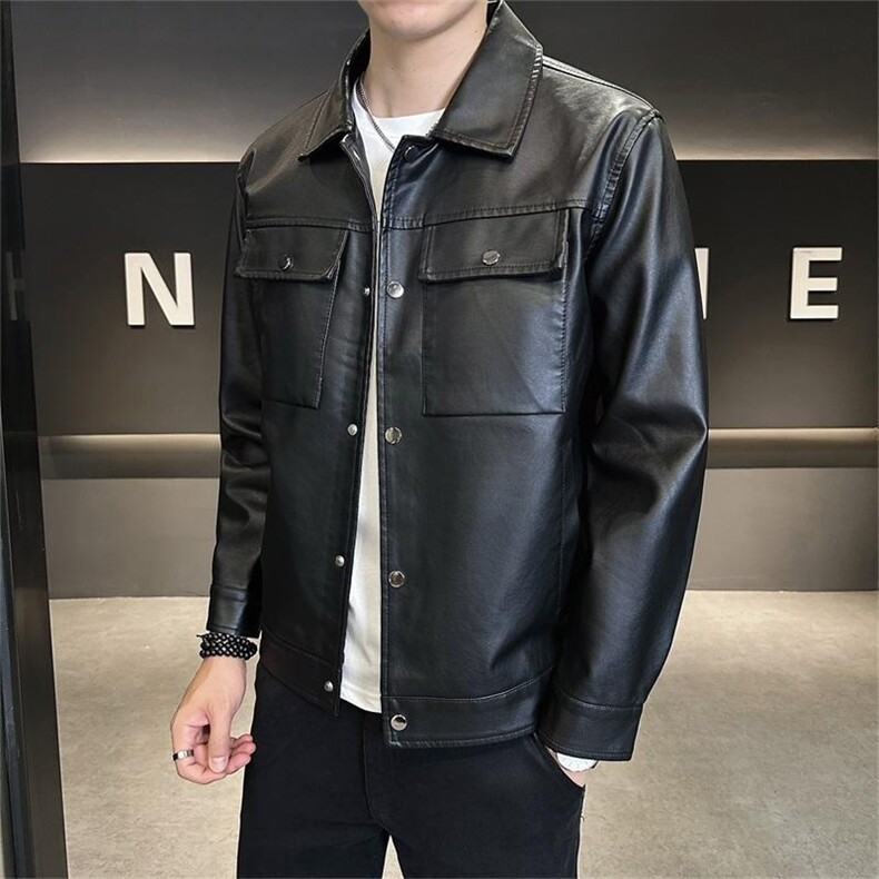 JK685-P100PU皮衣外套男纯色秋冬季翻领修身休闲皮夹克短款,男装夹克,电商D310B-1