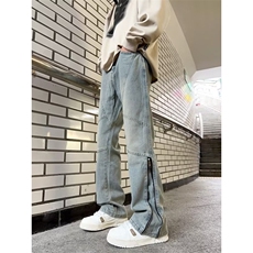 美式复古拉链牛仔裤男秋季新款直筒微喇裤子高街N8012-P55，男装牛仔裤，星座1109-3