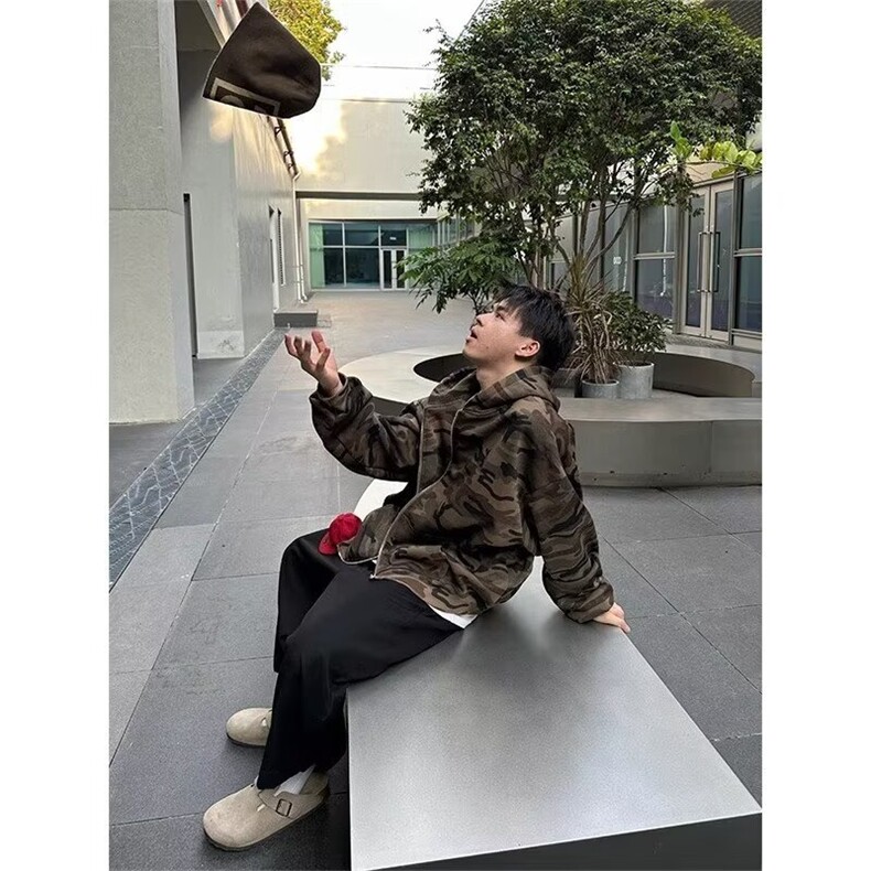 美式复古连帽迷彩卫衣外套女春秋2025新款设感拉链开衫WB526-P49,女装短外套,星座412-3