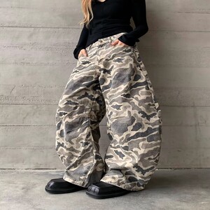 美式复古迷彩弯刀牛仔裤男女款2025春季新款修身显瘦阔腿拖地裤图片