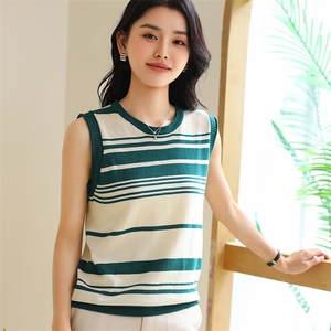 25夏季新款圆领条纹纯棉针织无袖背心女修身显瘦内搭薄款透气上衣图片