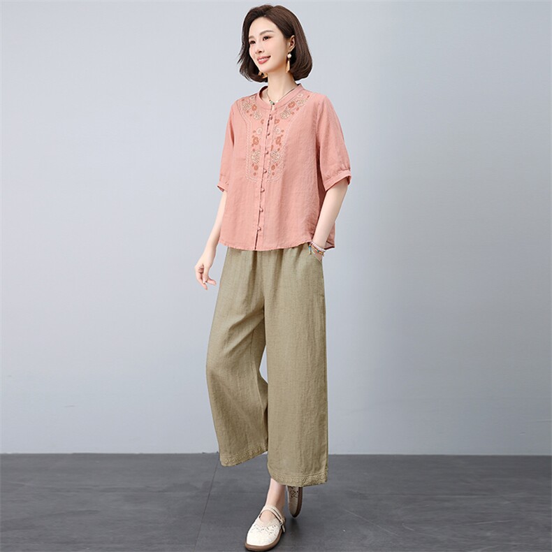 新中式苎麻套装女夏季2025新款妈妈亚麻两件套,女装套装/套裙,忆绮罗
