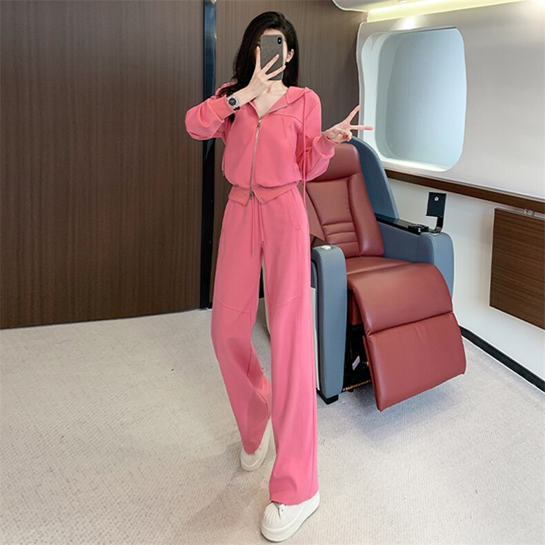 女秋季多巴胺穿搭时尚玫红色卫衣套装，女装套装/套裙，江南