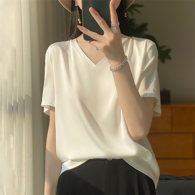 缎面短袖上衣女夏2024新款潮宽松时尚气质纯色衬衫,女装衬衫,绒宛羊绒