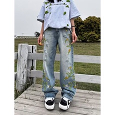 夏季2025花卉刺绣牛仔裤男女宽松垂感直筒休闲百搭长裤子NT5633，男装牛仔裤，星座1116A（原606A-3）