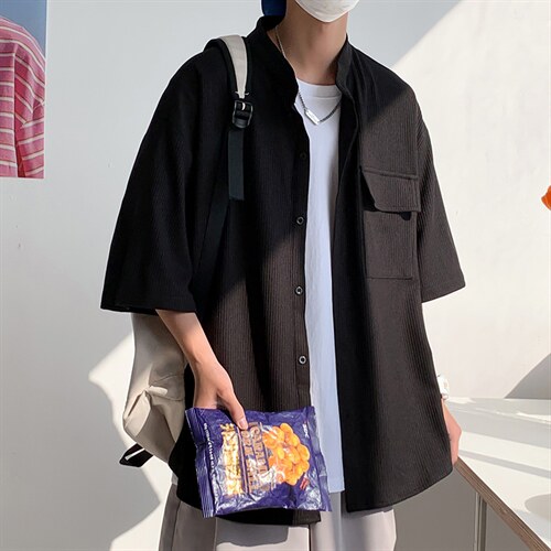C6062/P45新款冰丝高品质垂感宽松短袖衬衣男衬衫潮大码上衣控68，男装衬衫，电商A141