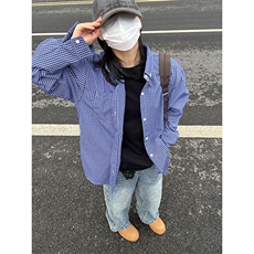 格子衬衫春夏美式蓝色格子衬衫港风情侣装休闲长袖衬衣CS276-P35，男装衬衫，星座301C-5
