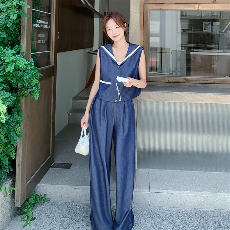 设计感海军领无袖马甲高腰阔腿裤套装女2025夏新款时尚显瘦两件套,女装套装/套裙,2D080