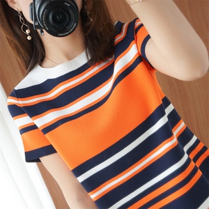 2024新款圆领短袖条纹短款套头衫休闲百搭，女装针织衫/毛衣，秋双羊绒