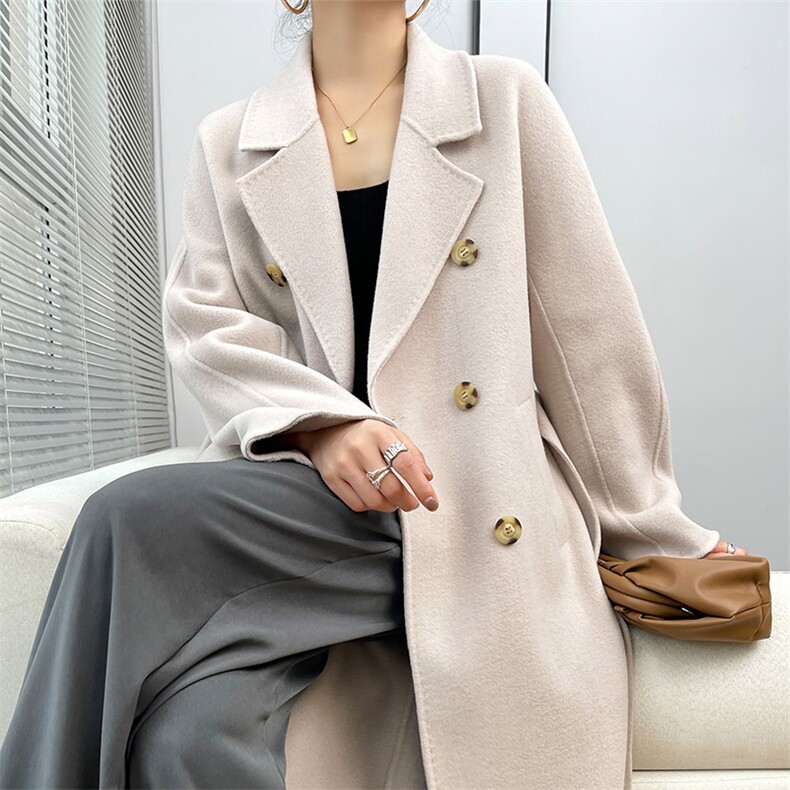 2024秋季新款纯色长袖中长款羊毛毛呢大衣通勤百搭,女装双面呢大衣,贝源羊绒