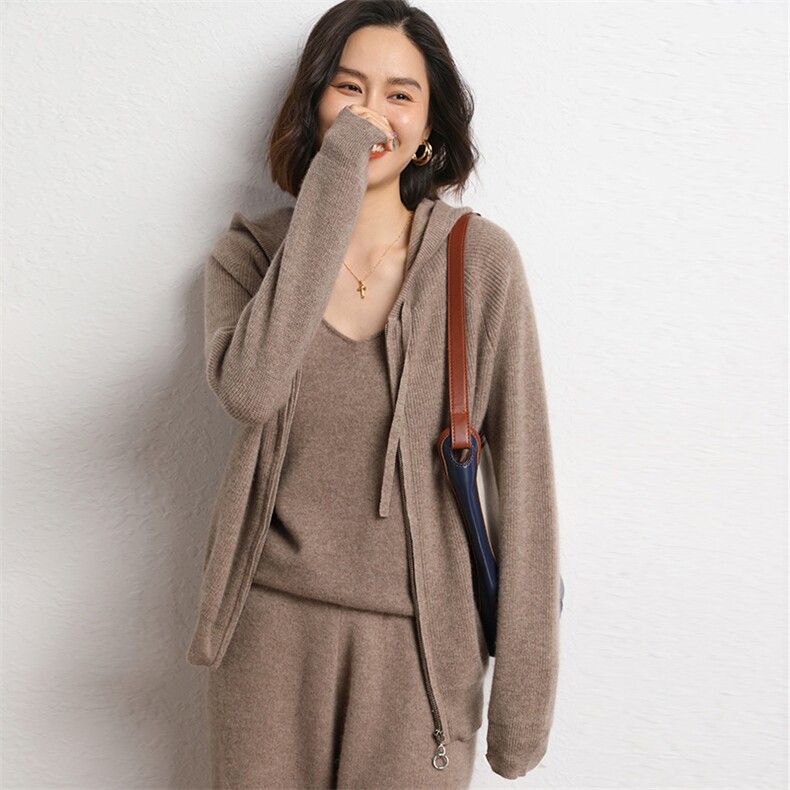 时尚潮流大气简约套头羊绒衫女连帽长袖纯色,女装羊绒衫,五色羊羊绒