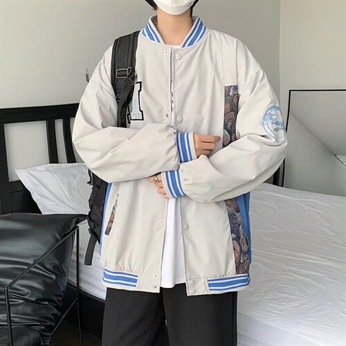 港风宽松棒球服男刺绣拼接夹克青少年立领长袖HY06P60图片