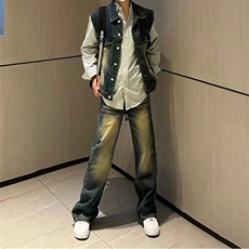 美式ins高街hiphop重工艺水洗微喇复古蓝牛仔裤货号K2320P55控78，男装牛仔裤，电商A063