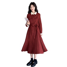 法式复古红色灯芯绒连衣裙女2025春季新款高级感时尚气质衬衫裙子，女装连衣裙，浙宝203