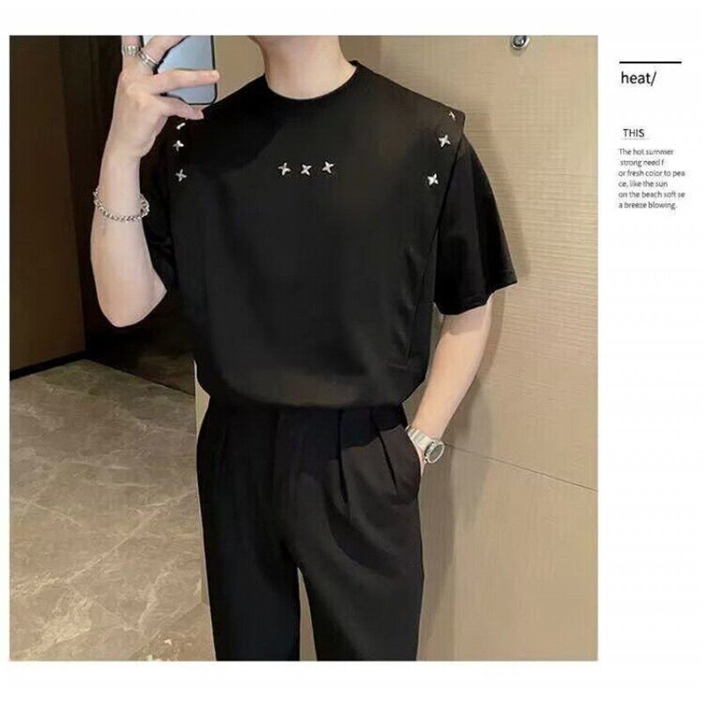 夏季新款痞帅男装设计感铆钉短袖T恤时尚垫肩轻奢风上衣TG005,男装T恤,星座1116A（原606A-3）