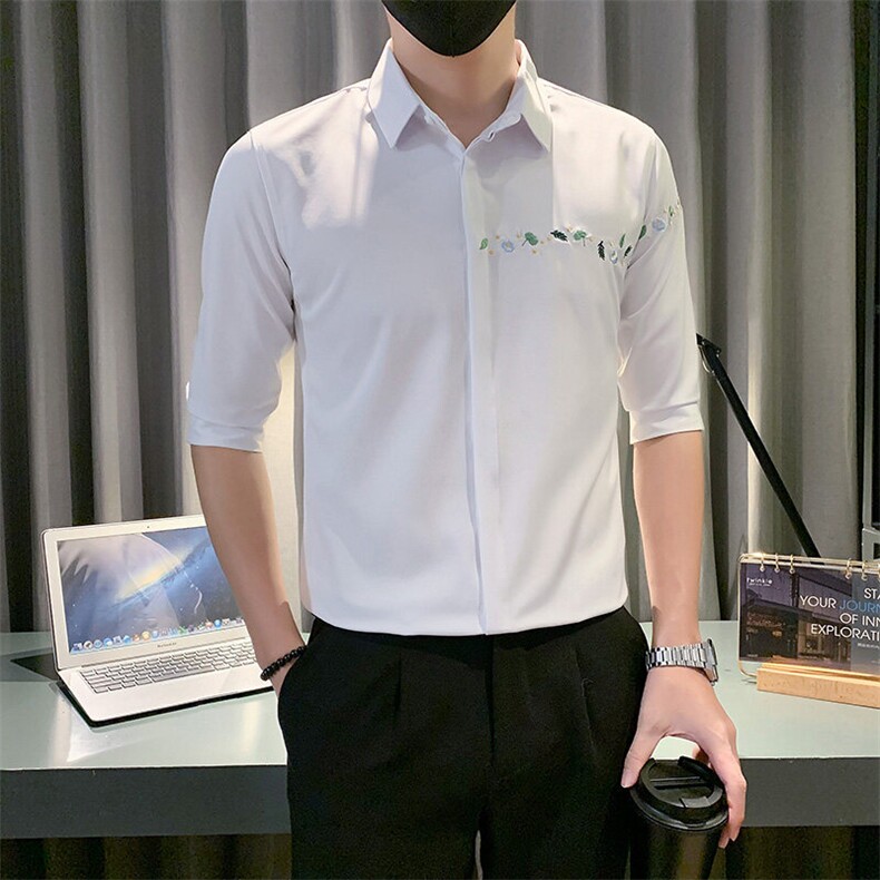 B2166505P502025夏装新款潮男刺绣中袖衬衫社会小伙风潮,男装衬衫,电商B216（原B302）