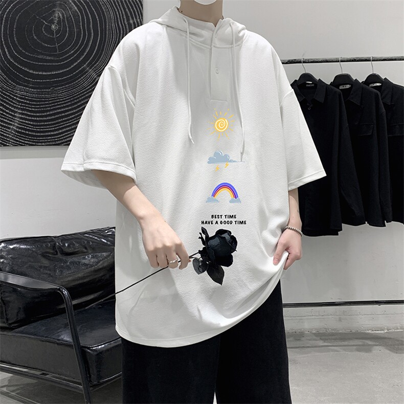 LD54141-P45连帽短袖t恤男大码胖子带帽五分袖中袖大皂风,男装T恤,电商A040