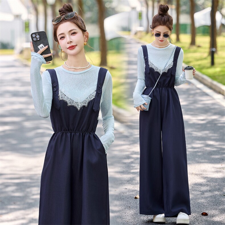 韩系氛围感穿搭套装女2025春季新款蕾丝拼接宽松背带裤休闲两件套，女装套装/套裙，伊仟回