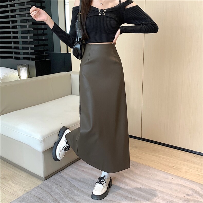 皮裙半身裙女秋冬季2024新款中长款直筒包臀裙咖色一步包裙子,女装半身裙,梦白服饰厂