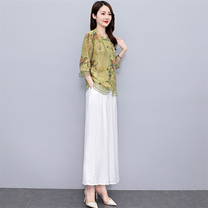 天丝复古花色休闲薄套装女2025夏季新款大码宽松高腰阔腿裤两件套,女装套装/套裙,魅影